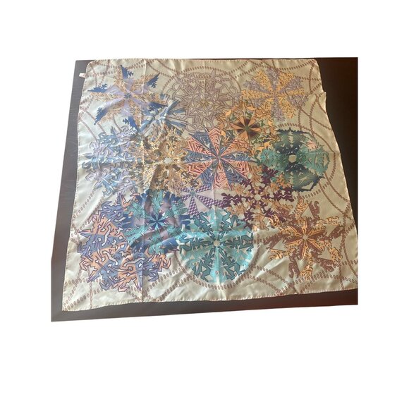 Silk Scarf With Geometric Snowflake Design Blue Multicolor Rolled Edge - Picture 1 of 4